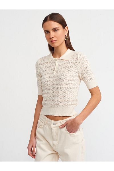 Dilvin 10527 Polo Collar Openwork Buttoned Knitwear Sweater-ecru