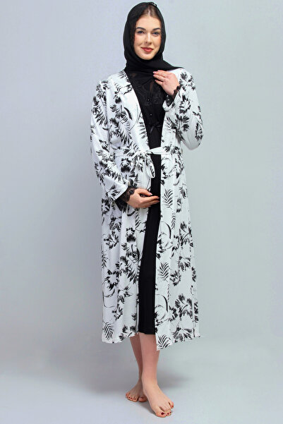 ByLohusa Siyah Tesettürlü Sabahlıklı Hamile Lohusa Gecelik Takım Effortt