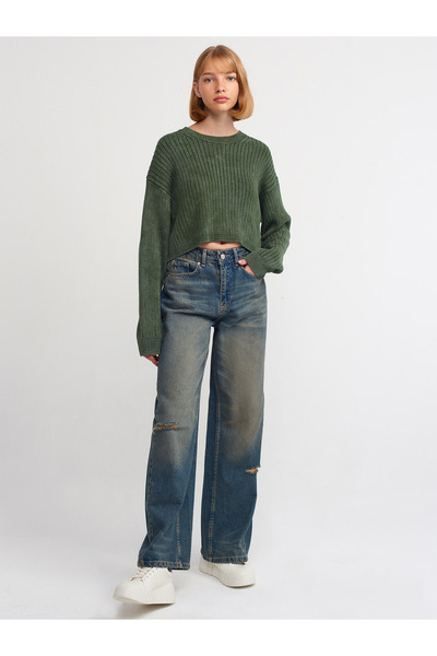 Dilvin 10456 Faded Effect Crew Neck Sweater-Khaki