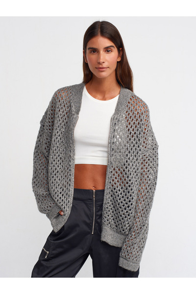 Dilvin 60193 δαντελωτή πλέξη Γκρι-ασημί πλεκτή ζακέτα - με φερμουάρ