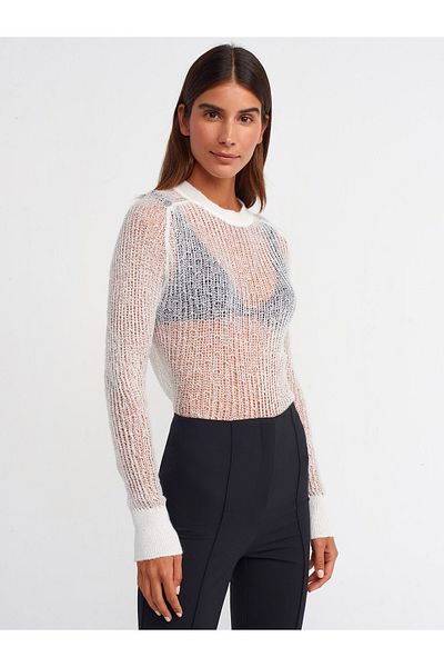 Dilvin 10493 Crew Neck Openwork Sweater-Ecru