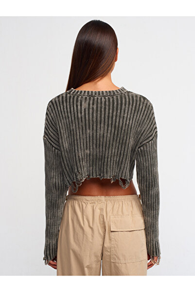 Dilvin 10488 Faded Effect Crew Neck Ripped Detailed Crop Sweater-Beige