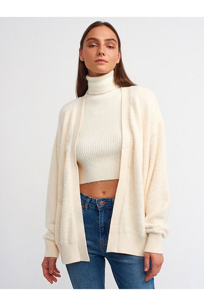 Dilvin 60204 Tricotaj cu decolteu în V cu textura moale Cardigan-cremă