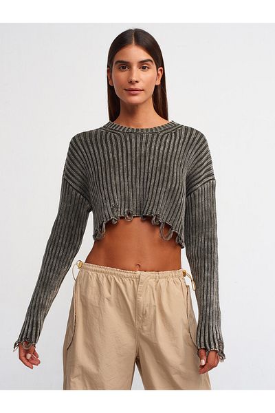 Dilvin 10488 Pulover crop cu detaliu rupt cu decolteu roșu cu efect decolorat-bej