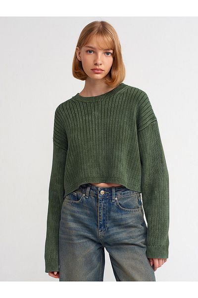 Dilvin 10456 Faded Effect Crew Neck Sweater-Khaki