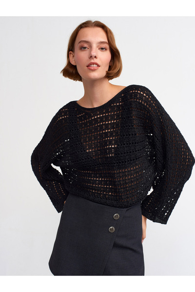 Dilvin 10439 Pulover cu mânecă kimono cu sclipici-negru