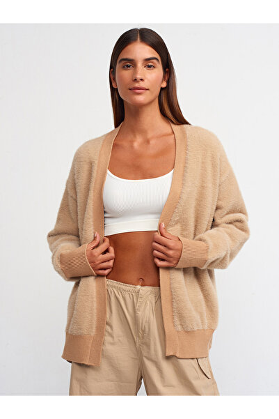 Dilvin 60204 Απαλής υφής Πλεκτό με λαιμόκοψη V-κόψιμο Ζακέτα-Καμηλό