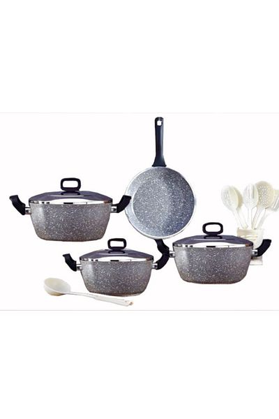 drobina Turkish granite cookware set consisting of 14 pieces grey steel