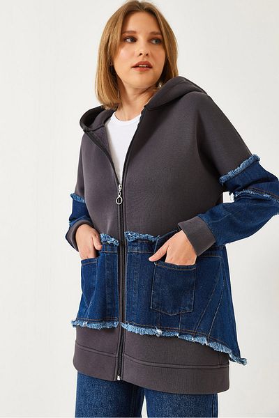 Bianco Lucci Women's Denim Pocket Detailed Three Thread Raster Cardigan 60351322