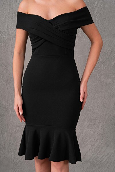 vuvutasarım Κρεπ υφασμάτινο σταυρωτό λουράκι Μεταβατική φούστα με φουντωτό μίντι μαύρο φόρεμα Μαύρο φόρεμα αρραβώνων 2870