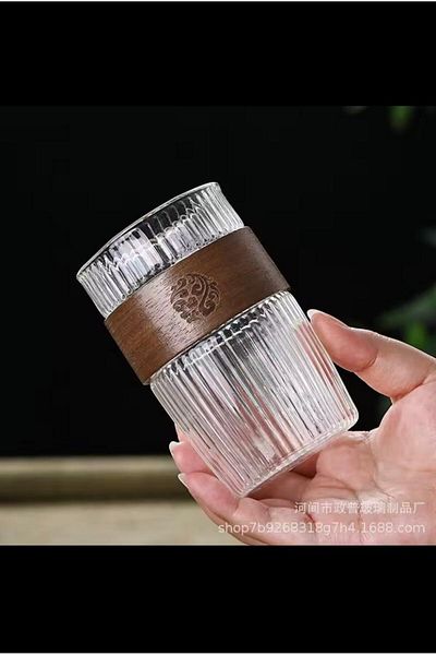 Enyaza Home 400ml 1Pcs Borasilicate Wood Wrap Cup Tea and Soft Drink Cup Coffee Cup