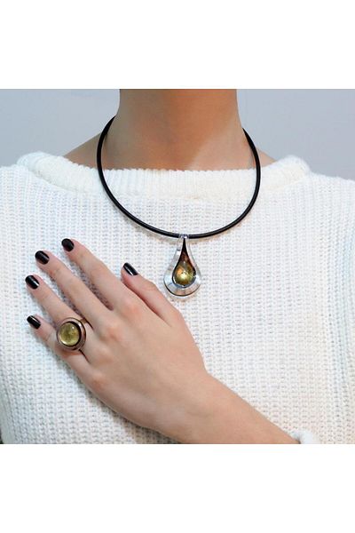veraART Handmade Murano Glass Set of 2 Gold Yellow Necklace and Ring Valencia
