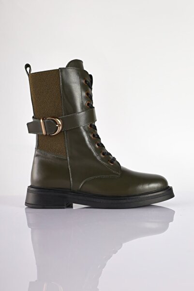 SU SHOE BOUTIQUE No55 Kadın Haki Hakiki Deri Kemer Detaylı Postal