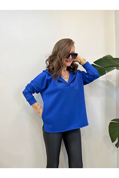 TLG GİYİM Hanorac de scuba oversize cu glugă cu gât polo pentru femei