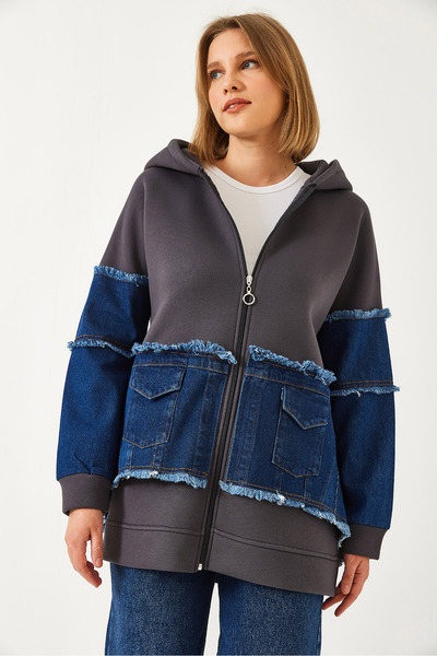 Bianco Lucci Women's Denim Pocket Detailed Three Thread Raster Cardigan 60351322