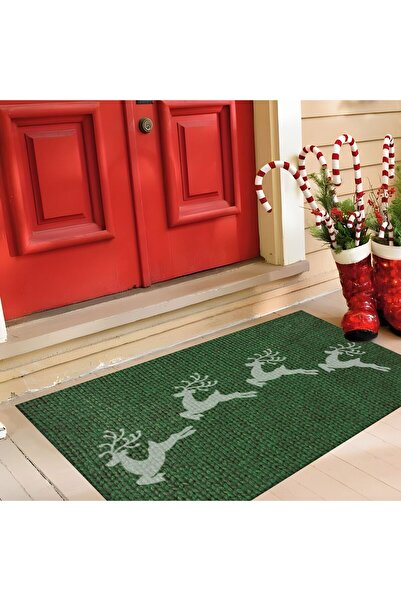 BELLİNO Geyikli Yılbaşı Yeni Yıl Desenli Dekoratif Yıkanabilir Bambu Kaymaz Kapı Önü Paspası