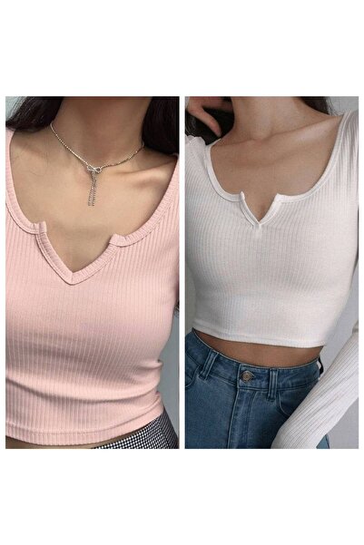 Lorya Giyim Kadın %100 Pamuklu Vücuda Yapışan Fitilli V Yaka Kaşkorse  Uzun Kollu Crop Bluz