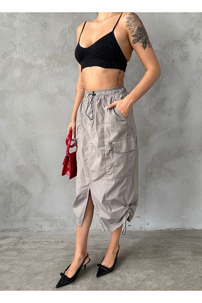 XBELLA DENİM Parachute Skirt with Side Pockets and Front Slit Light Gray