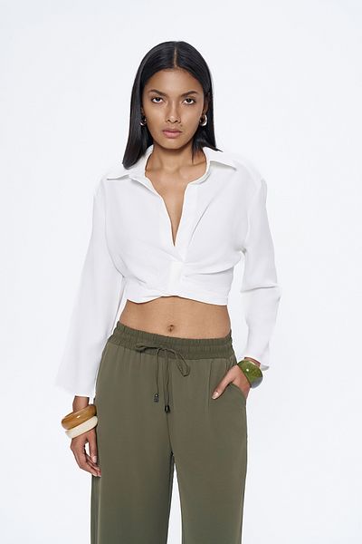 Quzu Elastic Waist Crop Shirt White