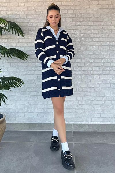 GÜLSELİ Striped Navy Cream Knitwear Cardigan