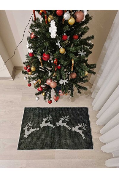 BELLİNO Geyikli Yılbaşı Yeni Yıl Desenli Dekoratif Yıkanabilir Bambu Kaymaz Kapı Önü Paspası