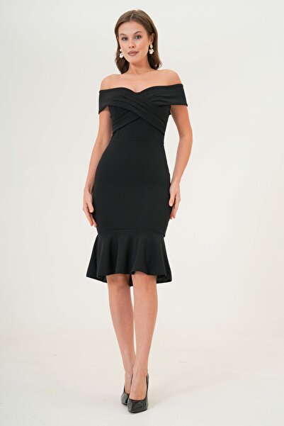 lovebox Krepová látka, křížový límec, zadní zip, poskakovat, černé večerní šaty Slim Fit 2870