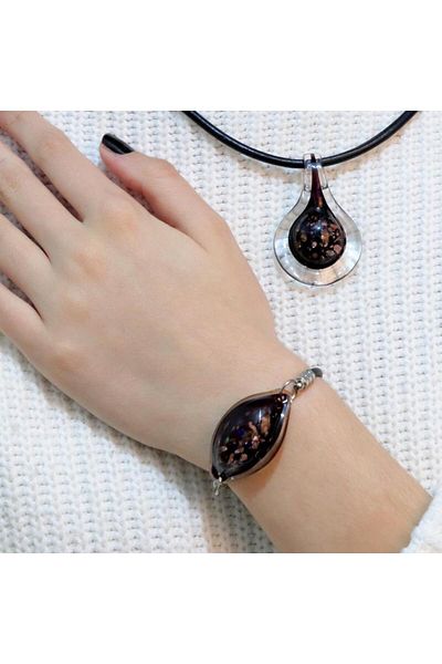 veraART Handmade Murano Glass Set of 2 Black Necklace and Bracelet Tina