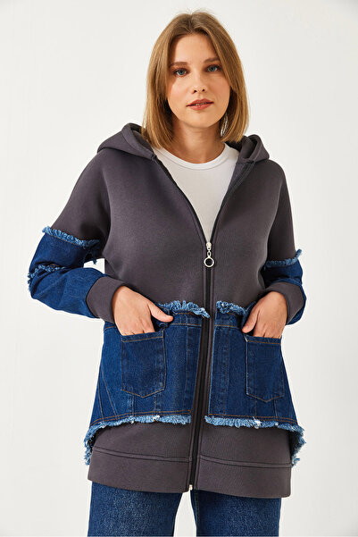 Bianco Lucci Women's Denim Pocket Detailed Three Thread Raster Cardigan 60351322