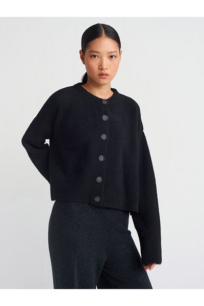 Dilvin 60280 Stand Collar Buttoned Soft Textured Slit Knitwear Cardigan-Black