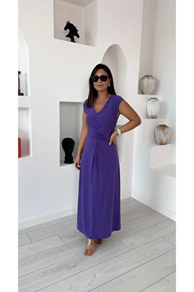 kubraozbeybutik Önü Drapeli V Yaka Mor Elbise