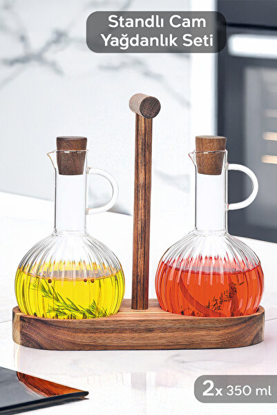 Meleni Home 2'li Ahşap Standlı Borosilikat Cam Yağdanlık Seti - Yağlık Sirkel...