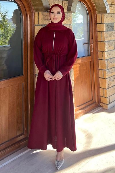 Swana Ribbed Knitted Fabric Zipper Detailed Hijab Dress-Burgundy