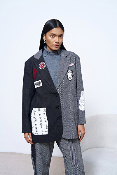 Quzu Black Blazer Jacket - Embroidery Detail and Denim Match