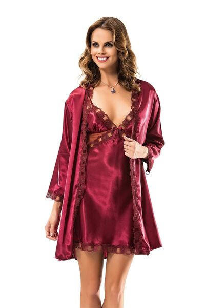 MOONGIRL Kadın saten bordo Sabahlık Gecelik Takım