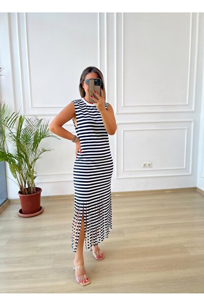 kubraozbeybutik Püskül Detaylı Penye Lacivert Çizgili Elbise