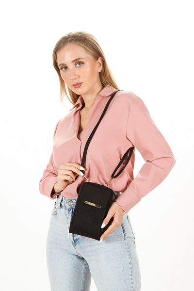 Newish Polo Geantă de mână și de umăr pentru femei, din piele de căprioară neagră Bella