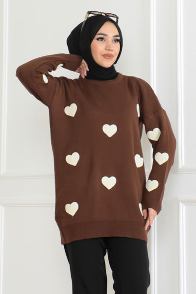 BURCU TESETTÜR Cardigan din tricot brodat inimă maro 2453