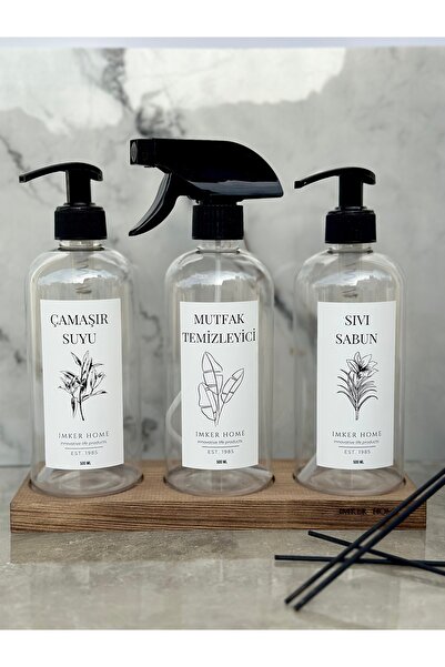 IMKER HOME 3 Gözlü Ahşap Stantlı 500ml Şeffaf Plastik Çamaşır Suyu Mutfak Tem...