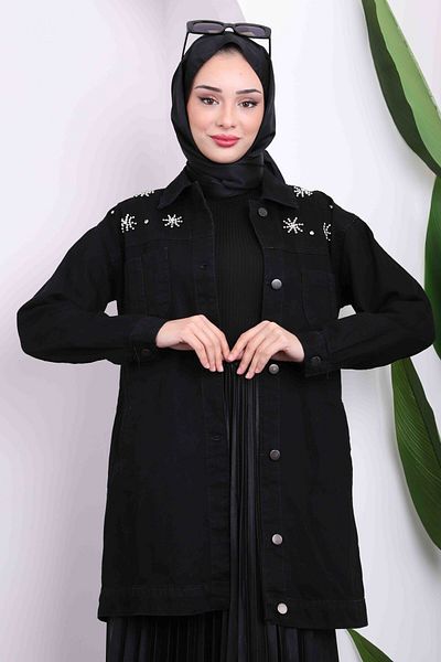 İmajButik Πέτρινο Λεπτομερές Μαύρο Τζιν Μπουφάν - Με Τσέπες
