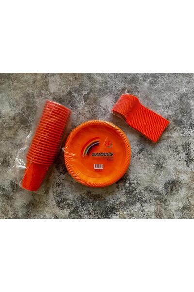 Party Partycom turuncu 25 kişilik tabak,bardak,çatal plastik set