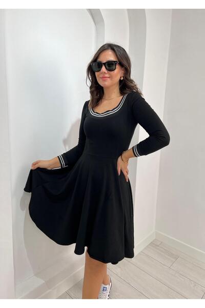 kubraozbeybutik Ribanalı Siyah Kloş Elbise