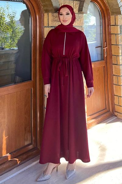 Swana Ribbed Knitted Fabric Zipper Detailed Hijab Dress-Burgundy