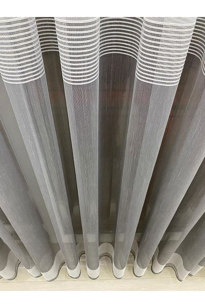 İNCİLİFE Ecru-Anthracite Gray Color Double Tulle Curtain - 1/3 Thick Pleated, Marbling Tape