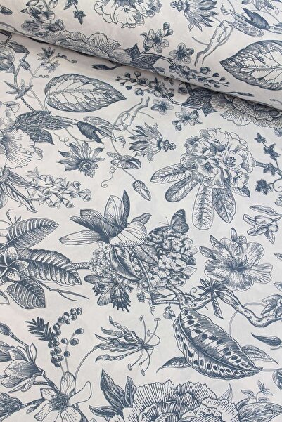 Tekin's Home Mavi Denim Tropik Çiçekler Nevresimlik Poplin Kumaş