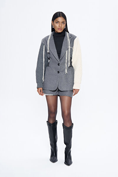 Quzu Tasseled Blazer Jacket with Sleeves Knitwear Dark Grey