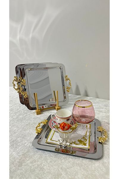 USD HOME Pack of 2 Gold Snap Handles Steel Square Coffee Presentation Tray Can Remove Handle Simple to Use