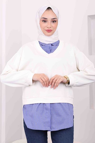 İmajButik Εκρού ριγέ γαρνιρισμένο πουκάμισο Modal Combination Sweat