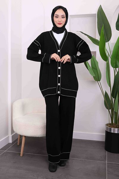 İmajButik Black Wafer Knitwear Cardigan Trousers Set