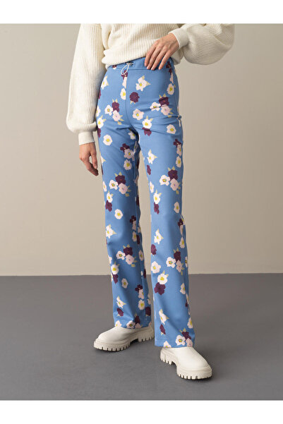 Xint Kadın Mavi Pamuk Dokulu Regular Fit Desenli Pantolon