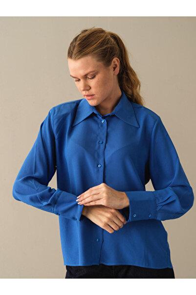 Xint Kadın Mavi Pamuk Dokulu Vatkalı Oversize Gömlek